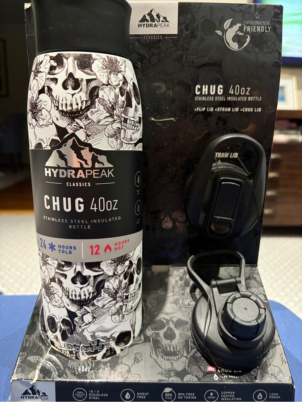 Hydrapeak Chug 40oz Stainless Steel Bottle - Black & White Skull Print